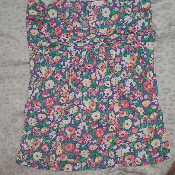 Purple And Floral Smocked A-Line Blouse - Picture 1 of 4